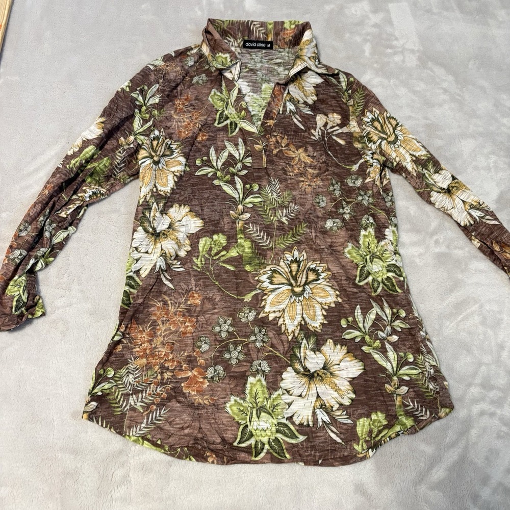David Cline Crushed  Top Medium Long Sleeve Brown Floral Women's Casual